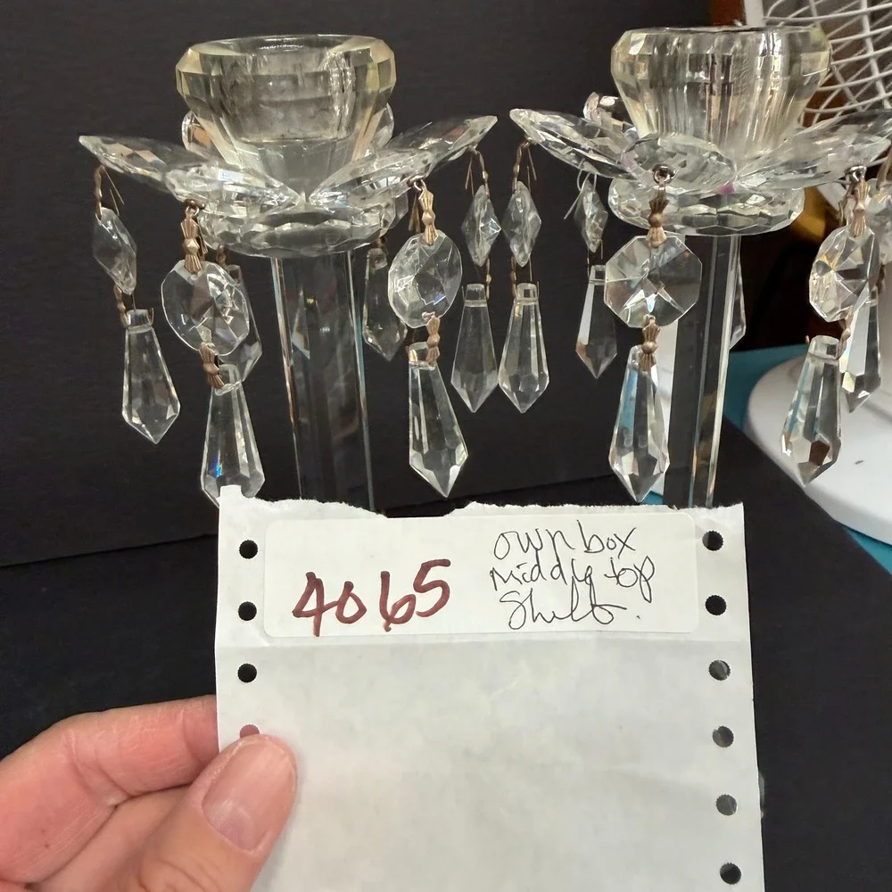 Vintage Crystal Glass Candlestick Holders Set of 2 READ Prisms Hollywood Regency